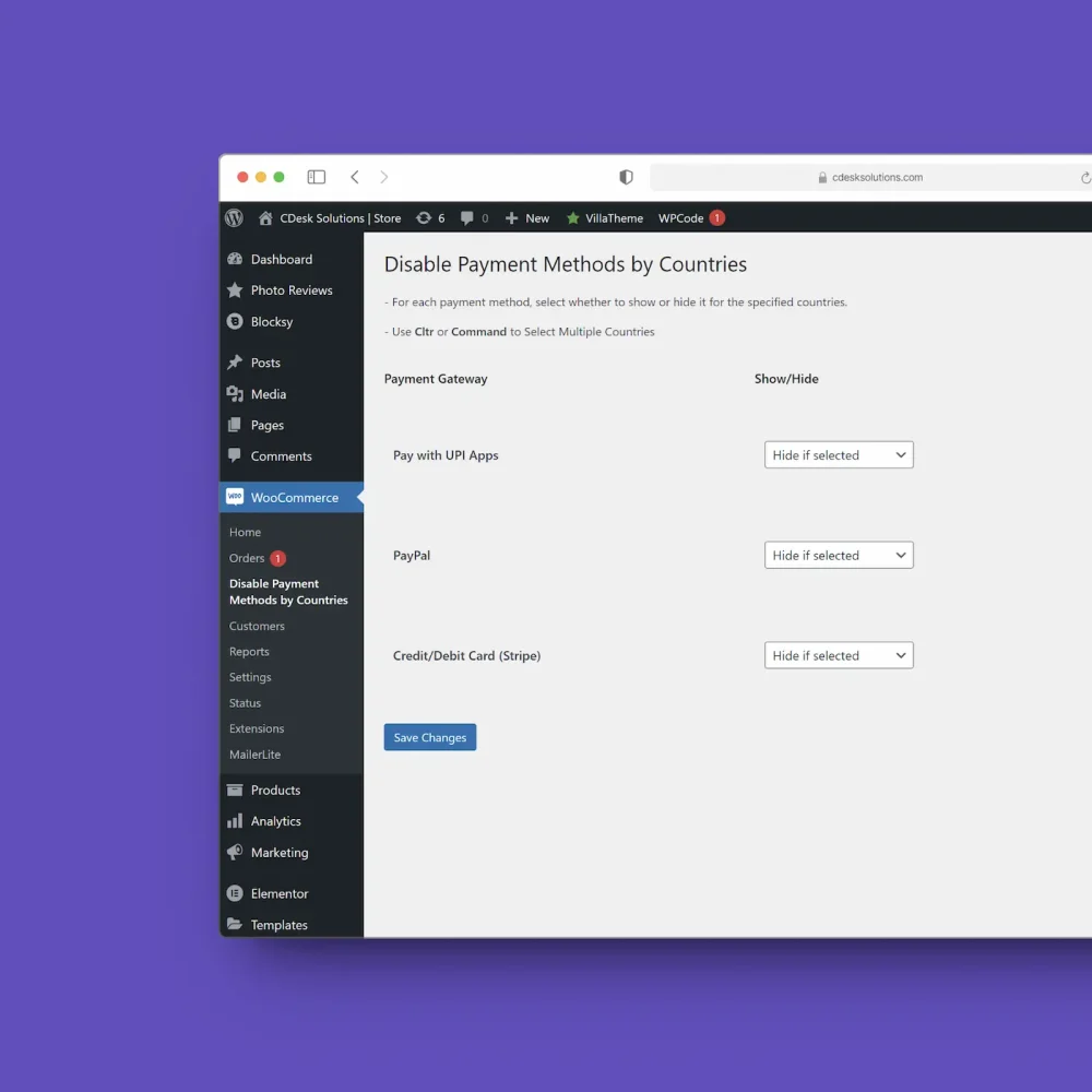 Show/Hide Payment Methods based on countries