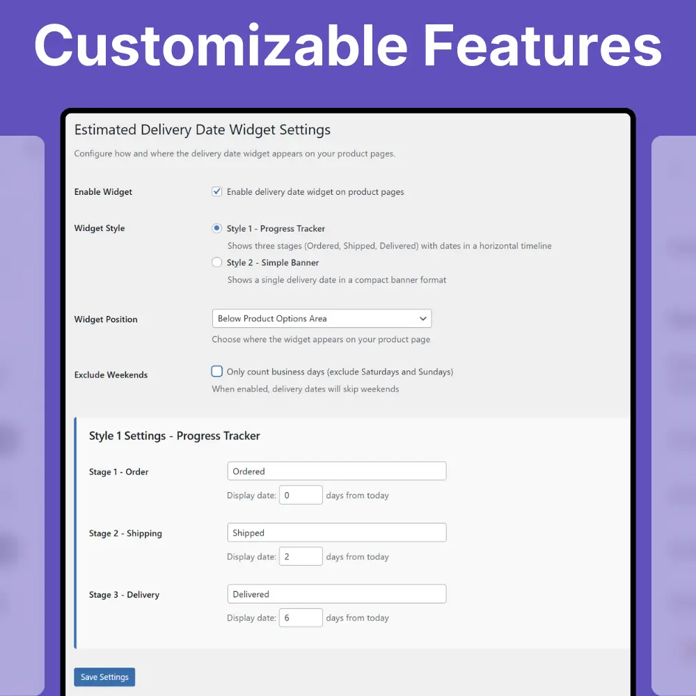 Estimated Delivery Date Widget - Woocommerce with Settings